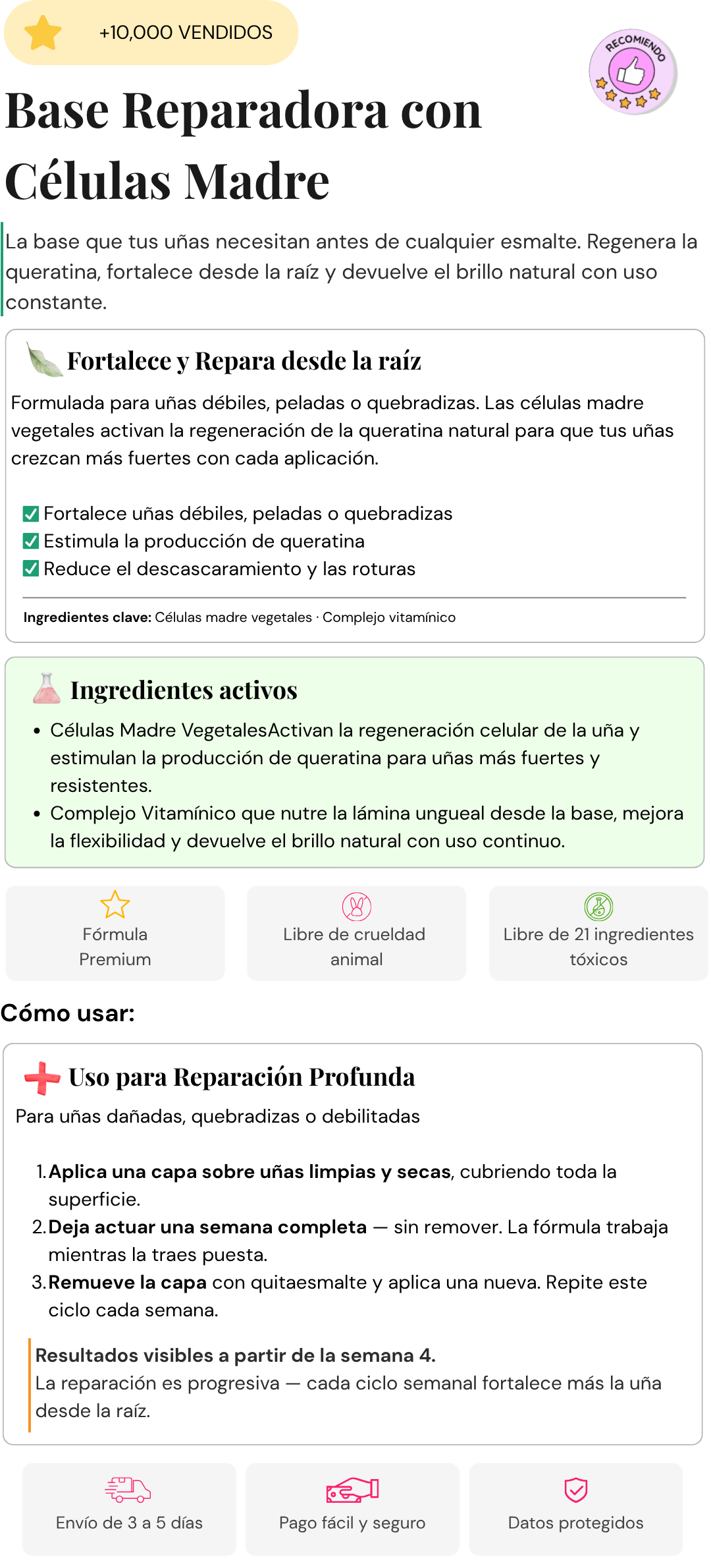 Base Reparadora con C&eacute;lulas Madre La Mia Bella 15ml &mdash; tratamiento fortalecedor de u&ntilde;as vegano